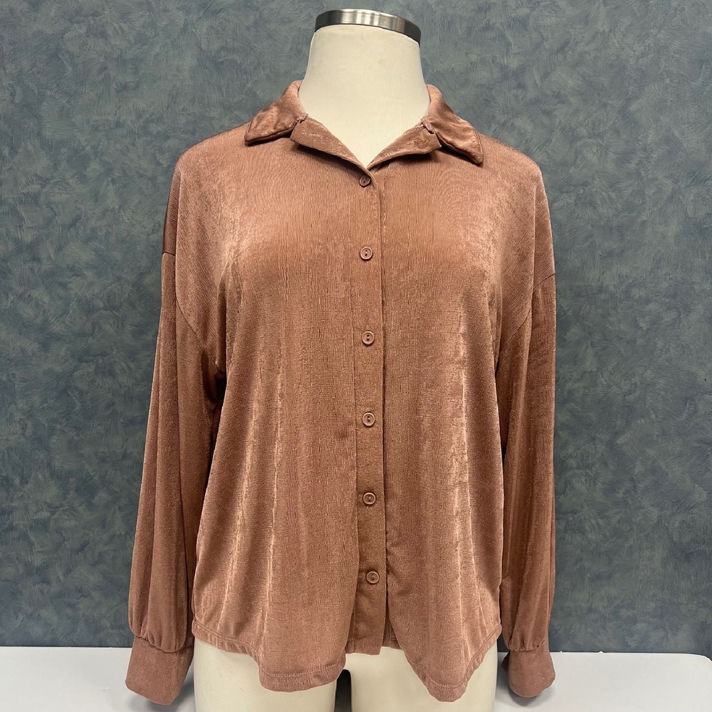 Vibe Sportswear Slinky Button-Up Top Long Sleeve Blouse Bronze‎ Sz L